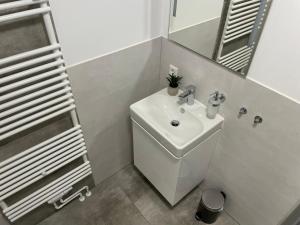 La salle de bains blanche est pourvue d'un lavabo et d'un miroir. dans l'établissement NEU 2023 - Fewo mit Meerblick & Flair, à Harrislee