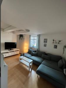 sala de estar con sofá azul y TV en Fachwerkhäuschen en Melsungen