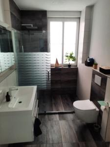 Un baño con lavabo, inodoro y ventana. en FeWo - Zur Alten Wäscherei - Zentrumsnah - Garage inklusiv, en Stuttgart 23 fotos más