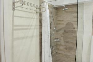 a shower with a glass door with a shower curtain at Maison Nikola Kanali in Kanali +37 photos