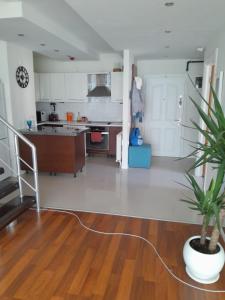 a kitchen with a plant in the middle of a room at Denize Yakın Daire in Antalya