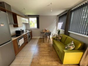 uma sala de estar com um sofá verde e uma cozinha em London Modern Flat near transports em Londres