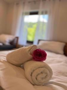 Una toalla con una rosa encima de la cama en Ferienhaus am blauen Wasser, en Essing