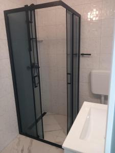 a glass shower door in a bathroom with a toilet at Studio Apartment Bosko in Novalja