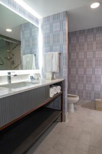 a bathroom with a sink and a toilet and a mirror at DoubleTree by Hilton Poughkeepsie in Poughkeepsie