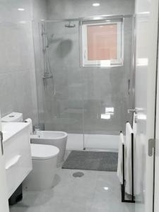 ein weißes Bad mit einer Dusche und einem WC in der Unterkunft Alojamento familia Carvalhais in Ponte de Vagos