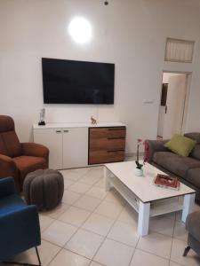 a living room with a flat screen tv on the wall at Modern Villa with Garden & Terrace, 13 min to Pula Arena in Pula