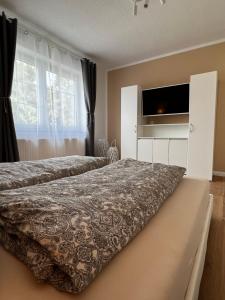 een slaapkamer met 2 bedden en een flatscreen-tv bij Ferienwohnung zum Scheibe-See in Hoyerswerda