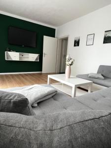 sala de estar con sofá y TV en Ferienwohnung zum Scheibe-See, en Hoyerswerda