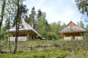 a couple of houses in a field with trees at Domek w górach SmoLenisko in Nowy Targ