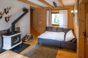 uma sala de estar com um sofá e uma lareira em Domek w górach SmoLenisko em Nowy Targ