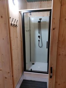 a shower with a glass door in a bathroom at Kampeerplaats Glamping Essenhof in Aagtekerke