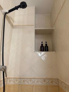 eine Dusche mit zwei Flaschen auf einem Regal in der Unterkunft Apartamento La Fonteta in La Fresneda