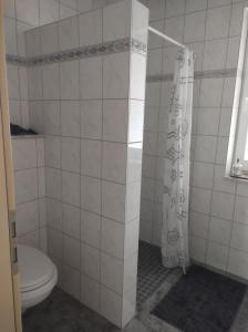 ein Bad mit einem WC und einem Duschvorhang in der Unterkunft FeWo Holunderbusch in Saerbeck