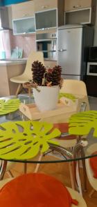 a glass table with a bowl of pine cones on it at STUDIO APARTMAN KARLER in Karlovac