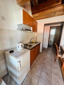 a kitchen with a white refrigerator and a sink at Apartmani Zora in Kruševo