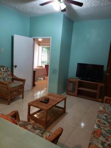 a living room with a tv and a couch and a table at Lion’s View Bed & Breakfast in Mandeville
