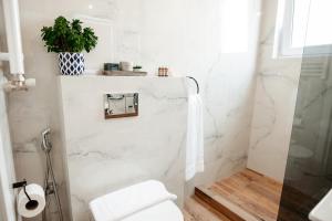 スチャヴァにあるCosy apartment Bucovinaのトイレとシャワー付きの白いバスルーム +17枚の写真