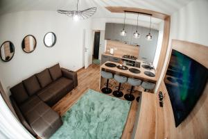 einen Blick über ein Wohnzimmer mit einem Sofa und einer Küche in der Unterkunft Cosy apartment Bucovina in Suceava