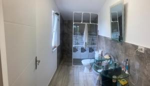 a bathroom with a toilet and a glass sink at Gogo’s house in Mangalia