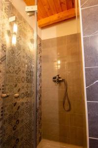 y baño con ducha y puerta de cristal. en Fotios Roof apartment en Acharavi