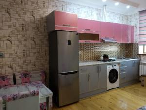 eine Küche mit rosa Schränken und einem Kühlschrank in der Unterkunft Elnur small villa in Daşca