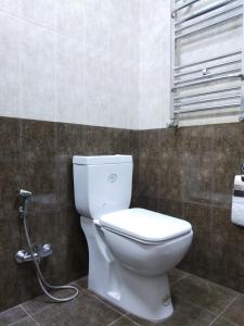 a white toilet in a bathroom with a shower at Elnur small villa in Daşca