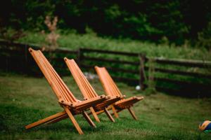 two chairs sitting in the grass in a yard at Planinska Koliba ABA-TARA in Bajina Bašta +36 photos