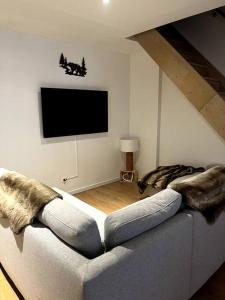 a living room with a couch and a flat screen tv at Un doux refuge in Soldeu lʼHospitalet