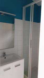 W łazience znajduje się biała umywalka i prysznic. w obiekcie Jetez l'ancre dans notre maison de pêcheur ! w mieście Collioure