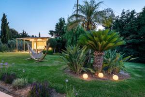 einen Garten mit einer Hängematte und einer Palme in der Unterkunft Phillyrėa Luxury Villas in Kos-Stadt