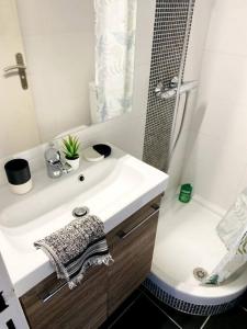 biała łazienka z umywalką i prysznicem w obiekcie Le Cassiopée - Vue incroyable surplombant Rennes w mieście Rennes