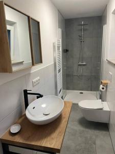 ein Bad mit einem Waschbecken, einem WC und einer Dusche in der Unterkunft Moderne Ferienwohnung in der Festspielstadt Bayreuth - zentral und dennoch ruhig gelegen in Bayreuth