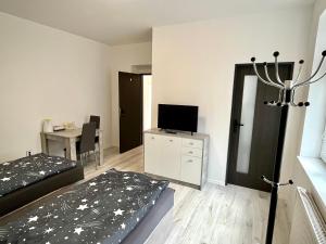 ein Schlafzimmer mit einem Bett und einem TV auf einer Kommode in der Unterkunft Apartmány Pihel s parkovaním zdarma 