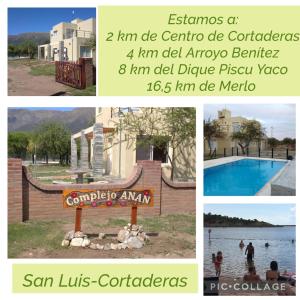 un collage de fotos con un cartel y una piscina en Anan en Cortaderas