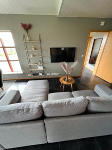 ein Wohnzimmer mit einem Sofa und einem TV in der Unterkunft Fíflholt in Hvolsvöllur