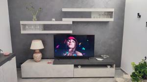 un soggiorno con TV a schermo piatto su un centro di intrattenimento di Sa Benedica - Luxury House a Calatabiano