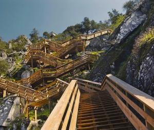um conjunto de escadas de madeira numa montanha em Casa Tia Vina em Arouca