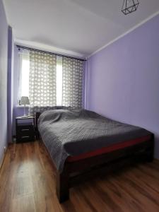 a bedroom with a bed and a window at Kwadrat Maja in Wałbrzych