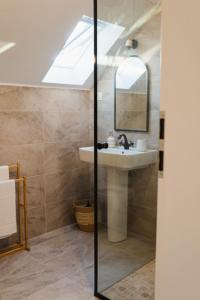 La salle de bains est pourvue d'un lavabo et d'un miroir. dans l'établissement Orastioara Retreat, 