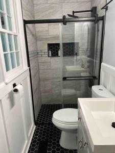 a bathroom with a shower and a toilet and a sink at Newly renovated rancher with yard and garage! Furnished! in Williamsburg
