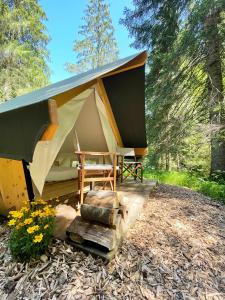 a tent with a table and chairs in the woods at Glamping Tent Water Village Rogla in Oplotnica