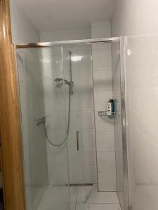 a shower with a glass door in a bathroom at Rose Apartmans in Jajce