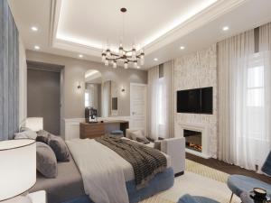 ein Schlafzimmer mit großem Bett und Kamin in der Unterkunft Hive Luxury Suites Collection in Kotor + 8 Fotos