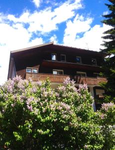 a building with a balcony and some pink flowers at Hotel Rosa Serenella in Bardonecchia