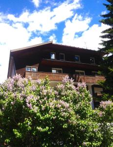 un edificio con balcone e alcuni fiori rosa di Hotel Rosa Serenella a Bardonecchia