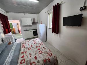 a room with a bed and a kitchen with a refrigerator at Bungalow della Suocera in Diamante +5 photos
