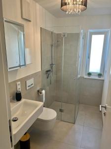 a bathroom with a shower and a toilet and a sink at UNiQE I 90qm I Terrasse in Rosenheim