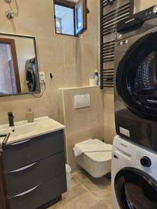 a bathroom with a sink and a washing machine at Luxury Seafront Suite Fabri in Vis