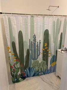 baño con cortina de ducha de cactus en Villita San Gregorio, en Ciudad de México